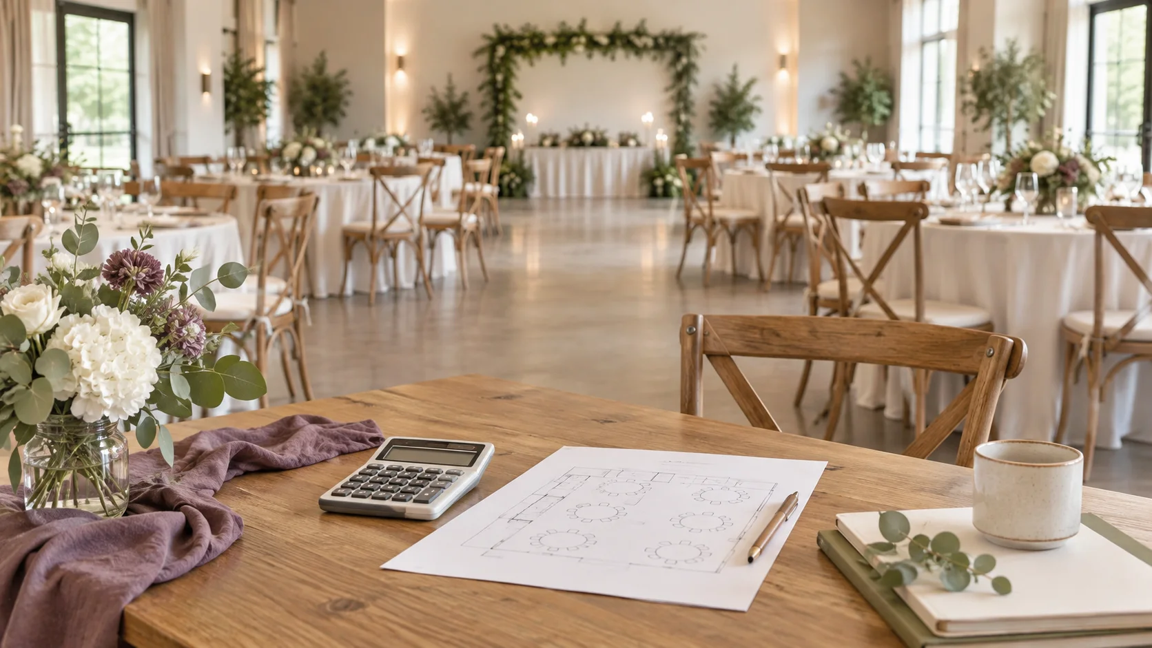 A calculator and room plan sit on a table overlooking a wedding reception room with clear aisles.